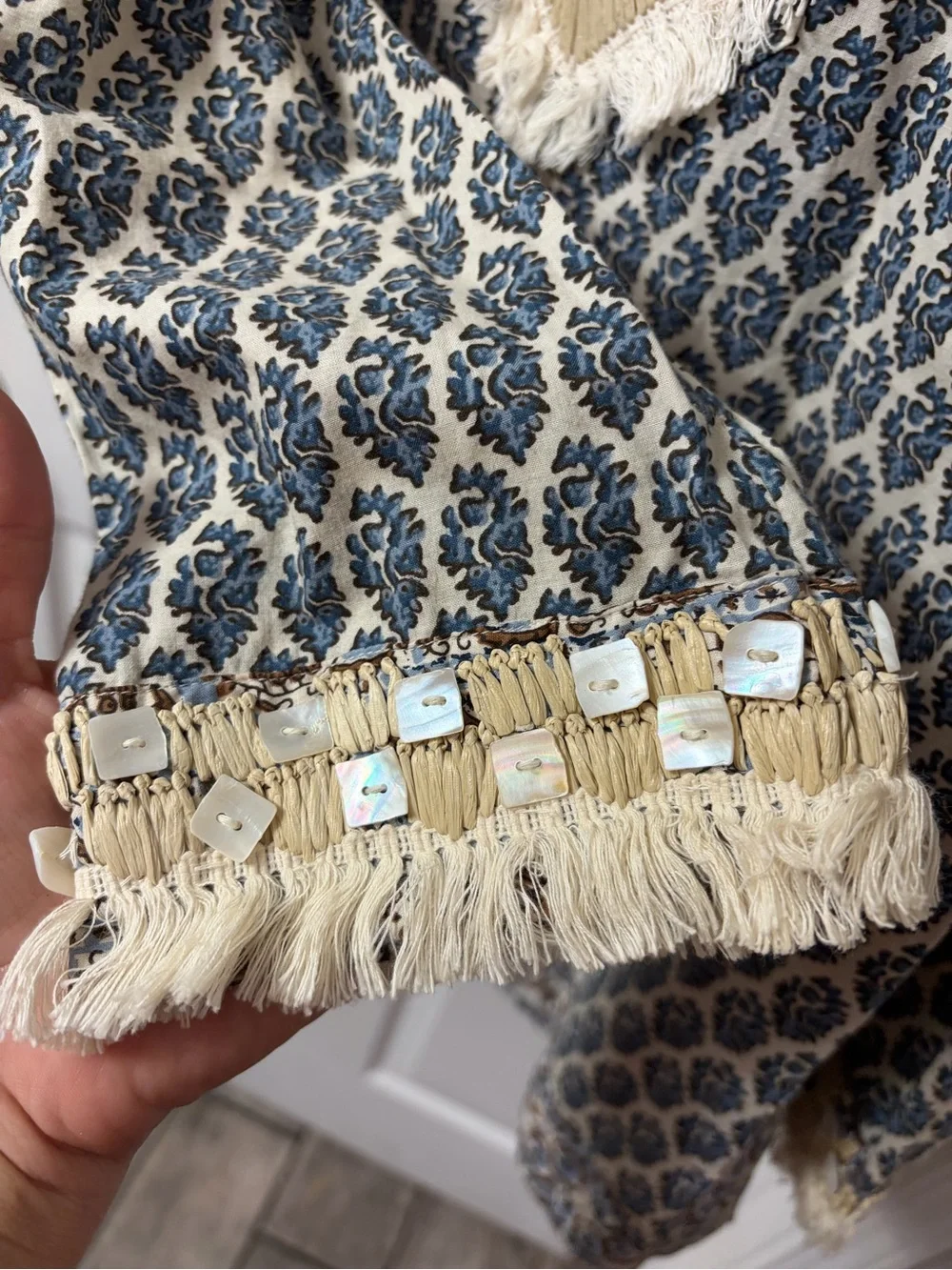 Tory Burch Cream Tunic with Navy Botanical Print and Fringe